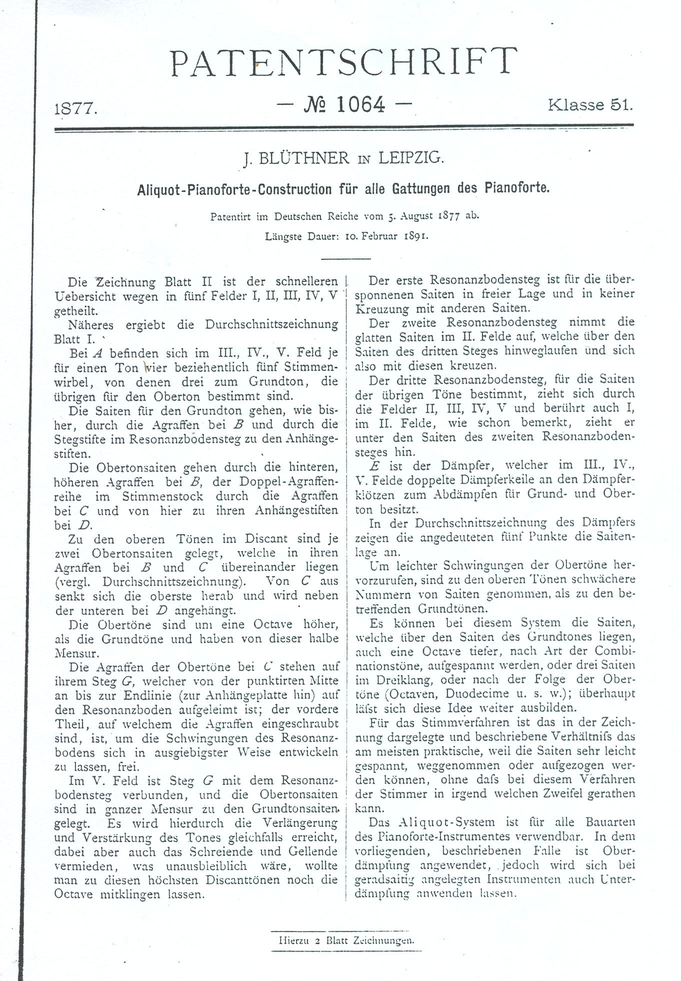 Julius Blüthner Patentschrift